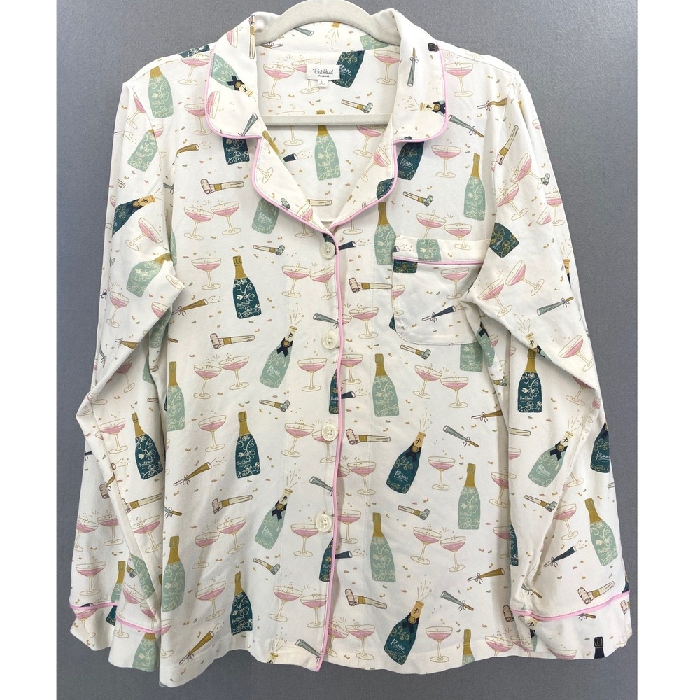 BedHead Pajamas Women Large Champagne Print Cotton Knit PJ Set White Pink Green